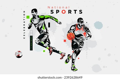 Abstract vector silhouette design of basketball and football players with an attractive silhouette style. national sports event design concept-sports day celebration. sports event banner and brochure 