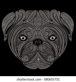 Abstract vector silhouette of a dog's head made of flowers on black background