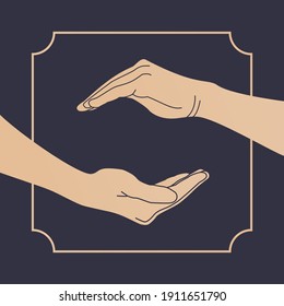 Abstract vector silhouette of two hands of man or woman with fingers of the left and right palms of beige color, holding a blank or your object. On the background, a frame.Design template icon hands