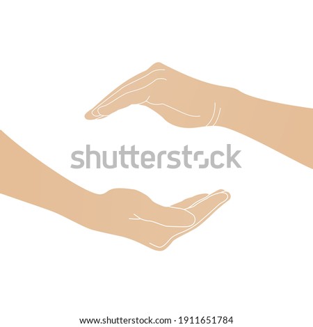 Abstract vector silhouette of two hands of man or woman with fingers of the left and right palms of beige color, holding a blank or your object. On the background, a frame.Design template icon hands