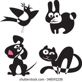 Abstract vector silhouettes of animals - rabbit, dog, cat, bird, vector illustration isolated on white