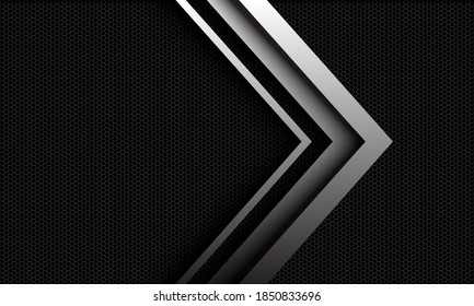 Abstract vector silver arrow direction overlap on dark metallic hexagon mesh pattern with blank space design modern luxury futuristic style background illustration.