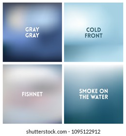 Abstract vector silvery gray white blurred background set. Square blurred backgrounds set - under sea ocean beach colors With love quotes