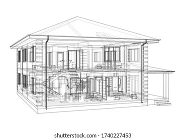 Abstract vector sketch of a house. Exterior of the house with visible internal elements.
