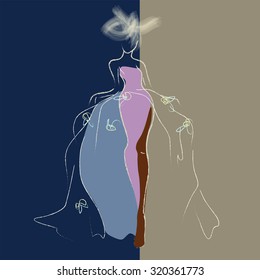 Abstract vector  sketch of the model in a  gorgeous lilac-blue dress on a gray-yellow  background. Fashion Week logo 