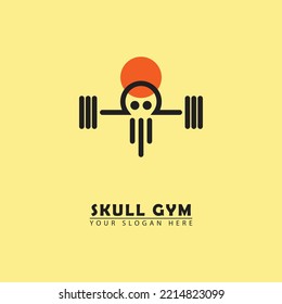 abstract vector skull gym logo icon. vector graphics of a gym iron combination skull head, simple elegant flat line style.
