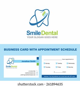 Abstract vector smile dental identity concept visiting card and appointment schedule on back side. Logotype template for branding and corporate business card design blue color composition