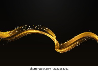 Abstract vector smooth shiny colored golden wave design element with golden sparkles effect on black background. Golden wave flow.