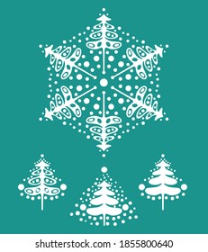 Resumen de copos de nieve vectoriales y árboles de Navidad