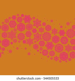 Abstract vector snowflakes on orange background seamless pattern. Hand drawn design with abstract winter doodles. Merry Christmas and Happy New Year lettering quote.