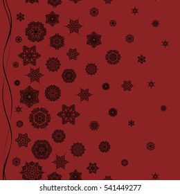 Abstract vector snowflakes on red background seamless pattern. Hand drawn design with abstract winter doodles. Merry Christmas and Happy New Year lettering quote.