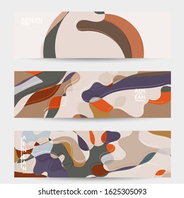 Abstract vector social media banner with art terrazzo pattern of wavy geometric abstract shapes and lines in earthy natural organic color.Minimal  design for web advertising marketing technologies.