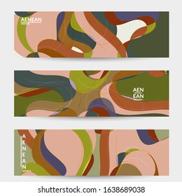 Abstract vector social media banner with art terrazzo pattern of wavy geometric abstract shapes and lines in earthy natural organic color.Minimal  modern design art illustration.