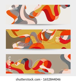 Abstract vector social media banner with art terrazzo pattern of wavy geometric abstract shapes and lines in earthy natural organic color.Minimal  modern design art illustration.