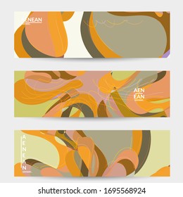 Abstract vector social media banner with art terrazzo pattern of wavy geometric abstract shapes and lines in earthy natural organic color.Minimal  modern design art illustration.