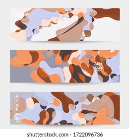 Abstract vector social media banner with art terrazzo pattern of wavy geometric abstract shapes and lines in earthy natural organic color.Minimal  modern design art illustration.