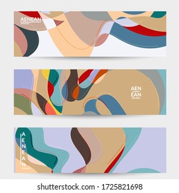 Abstract vector social media banner with art terrazzo pattern of wavy geometric abstract shapes and lines in earthy natural organic color.Minimal  design for web advertising marketing technologies.