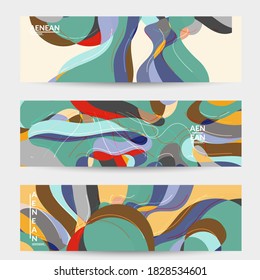 Abstract vector social media banner with art terrazzo pattern of wavy geometric abstract shapes and lines in earthy natural organic color.Minimal  modern design art illustration.