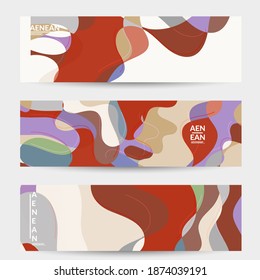 Abstract vector social media banner with art terrazzo pattern of wavy geometric abstract shapes and lines in earthy natural organic color.Minimal modern design for fashion ad or blog post