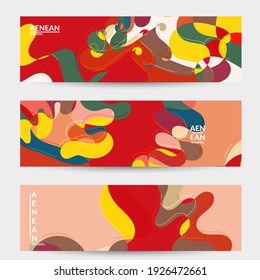 Abstract vector social media banner with art terrazzo pattern of wavy geometric abstract shapes and lines in earthy natural organic color.Minimal  design for web advertising marketing technologies.