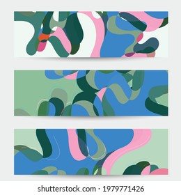 Abstract vector social media banner with art terrazzo pattern of wavy geometric abstract shapes and lines in earthy natural organic color.Minimal  modern design art illustration.