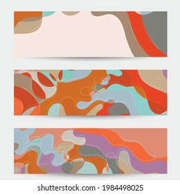Abstract vector social media banner with art terrazzo pattern of wavy geometric abstract shapes and lines in earthy natural organic color.Minimal modern design for fashion ad or blog post