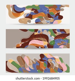 Abstract vector social media banner with art terrazzo pattern of wavy geometric abstract shapes and lines in earthy natural organic color.Minimal  modern design art illustration.