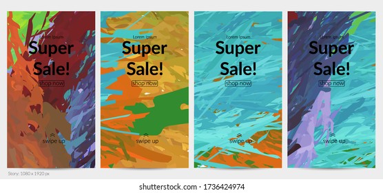 Abstract vector social media post background with colorful feather layered shapes. Bright multicolored dimensional artistic promotion template. Brush stroke watercolor digital paint design elements.
