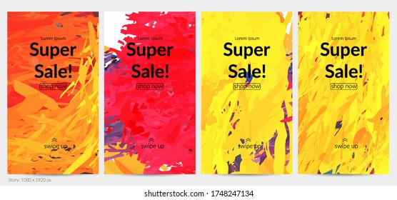 Abstract vector social media post background with colorful feather layered shapes. Bright multicolored dimensional artistic promotion template. Brush stroke watercolor digital paint design elements.