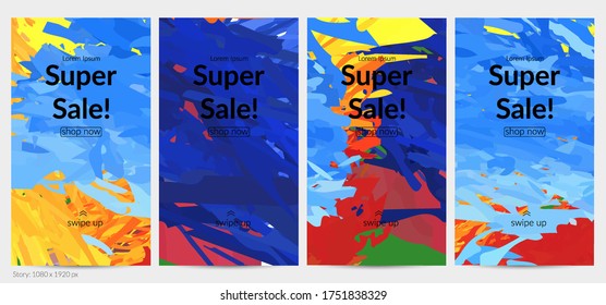 Abstract vector social media post background with colorful feather layered shapes. Bright multicolored dimensional artistic promotion template. Brush stroke watercolor digital paint design elements.