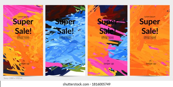 Abstract vector social media post background with colorful feather layered shapes. Bright multicolored dimensional artistic promotion template. Brush stroke watercolor digital paint design elements.