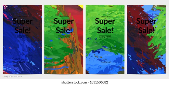 Abstract vector social media post background with colorful feather layered shapes. Bright multicolored dimensional artistic promotion template. Brush stroke watercolor digital paint design elements.