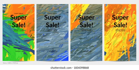 Abstract vector social media post background with colorful feather layered shapes. Bright multicolored dimensional artistic promotion template. Brush stroke watercolor digital paint design elements.