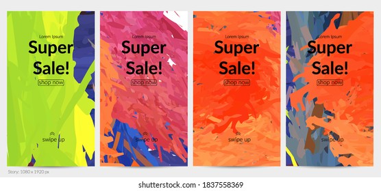 Abstract vector social media post background with colorful feather layered shapes. Bright multicolored dimensional artistic promotion template. Brush stroke watercolor digital paint design elements.