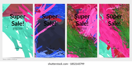 Abstract vector social media post background with colorful feather layered shapes. Bright multicolored dimensional artistic promotion template. Brush stroke watercolor digital paint design elements.