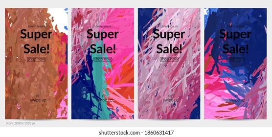 Abstract vector social media post background with colorful feather layered shapes. Bright multicolored dimensional artistic promotion template. Brush stroke watercolor digital paint design elements.