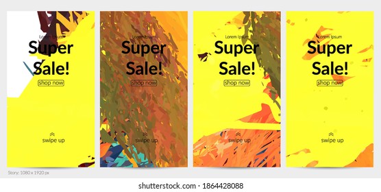 Abstract vector social media post background with colorful feather layered shapes. Bright multicolored dimensional artistic promotion template. Brush stroke watercolor digital paint design elements.