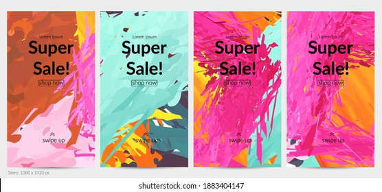 Abstract vector social media post background with colorful feather layered shapes. Bright multicolored dimensional artistic promotion template. Brush stroke watercolor digital paint design elements.