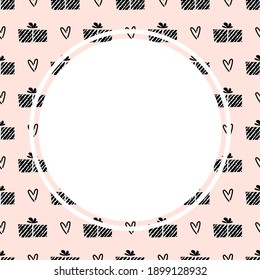 Abstract vector social media post template with gifts seamless background and white circle for your text.