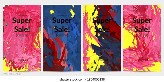 Abstract vector social media post background with colorful feather layered shapes. Bright multicolored dimensional artistic promotion template. Brush stroke watercolor digital paint design elements.