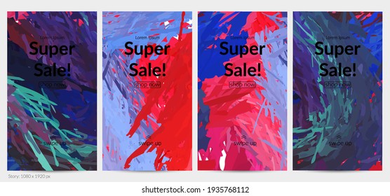 Abstract vector social media post background with colorful feather layered shapes. Bright multicolored dimensional artistic promotion template. Brush stroke watercolor digital paint design elements.