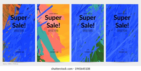 Abstract vector social media post background with colorful feather layered shapes. Bright multicolored dimensional artistic promotion template. Brush stroke watercolor digital paint design elements.
