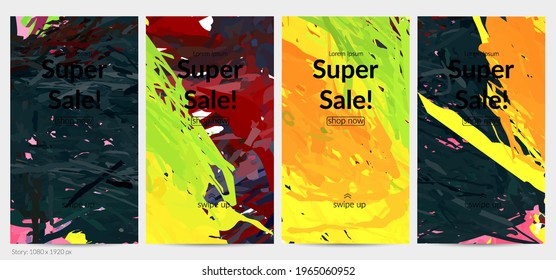 Abstract vector social media post background with colorful feather layered shapes. Bright multicolored dimensional artistic promotion template. Brush stroke watercolor digital paint design elements.