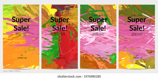 Abstract vector social media post background with colorful feather layered shapes. Bright multicolored dimensional artistic promotion template. Brush stroke watercolor digital paint design elements.