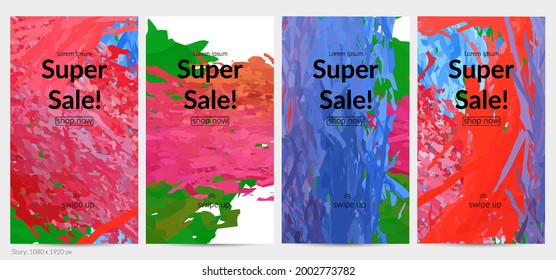 Abstract vector social media post background with colorful feather layered shapes. Bright multicolored dimensional artistic promotion template. Brush stroke watercolor digital paint design elements.