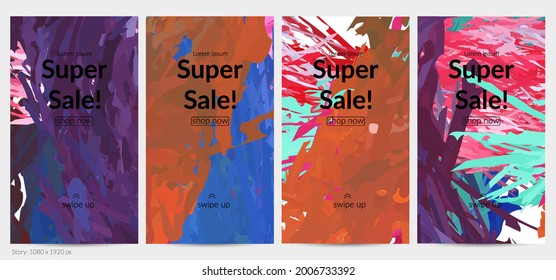 Abstract vector social media post background with colorful feather layered shapes. Bright multicolored dimensional artistic promotion template. Brush stroke watercolor digital paint design elements.