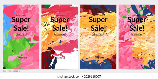Abstract vector social media post background with colorful feather layered shapes. Bright multicolored dimensional artistic promotion template. Brush stroke watercolor digital paint design elements.