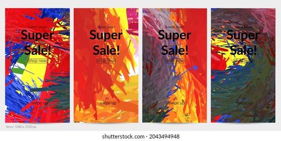 Abstract vector social media post background with colorful feather layered shapes. Bright multicolored dimensional artistic promotion template. Brush stroke watercolor digital paint design elements.