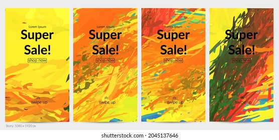 Abstract vector social media post background with colorful feather layered shapes. Bright multicolored dimensional artistic promotion template. Brush stroke watercolor digital paint design elements.