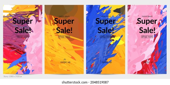 Abstract vector social media post background with colorful feather layered shapes. Bright multicolored dimensional artistic promotion template. Brush stroke watercolor digital paint design elements.